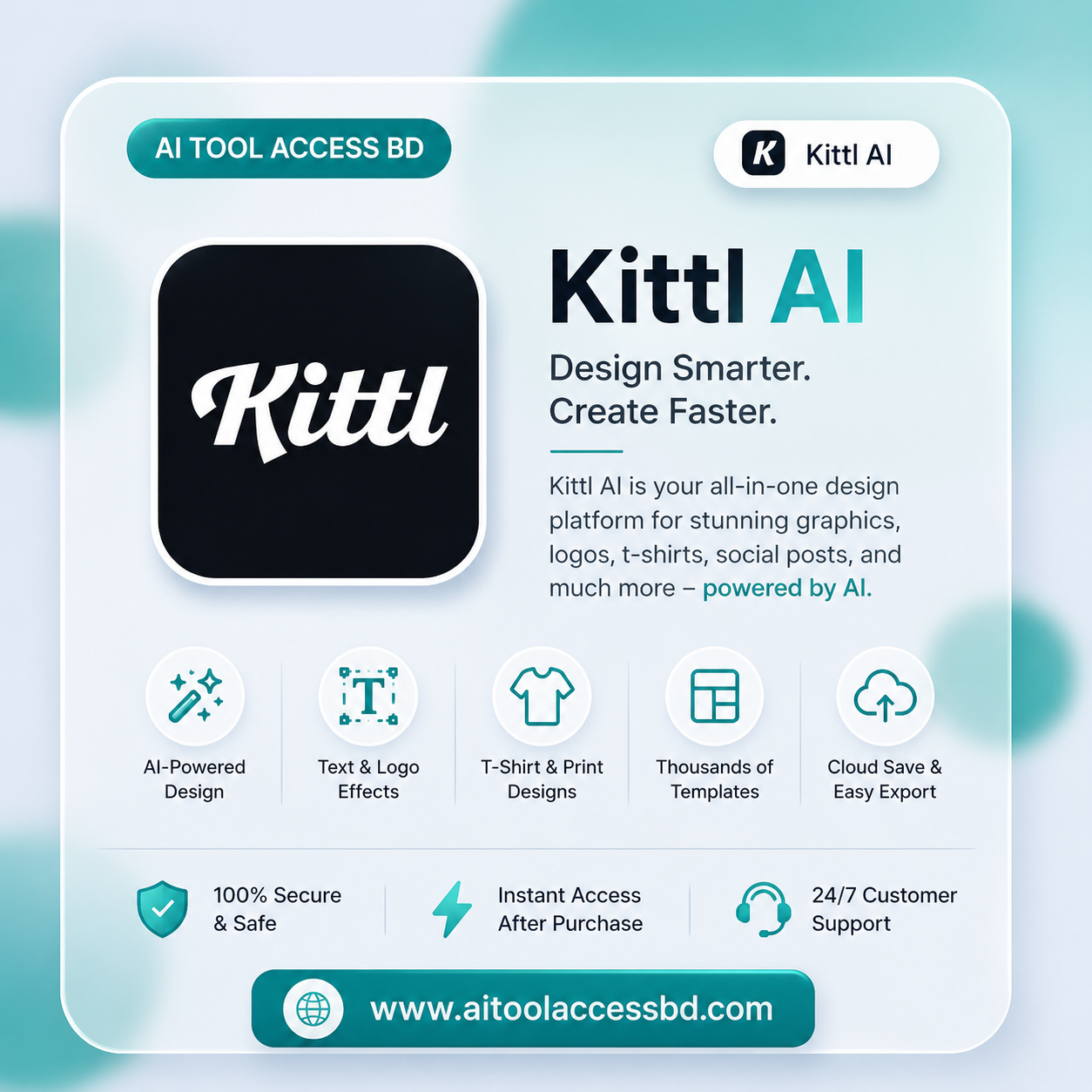 Kittl AI 1 Month Subscription দিয়ে তৈরি করুন logo, t-shirt design, social media creative, typography artwork এবং premium print designs faster