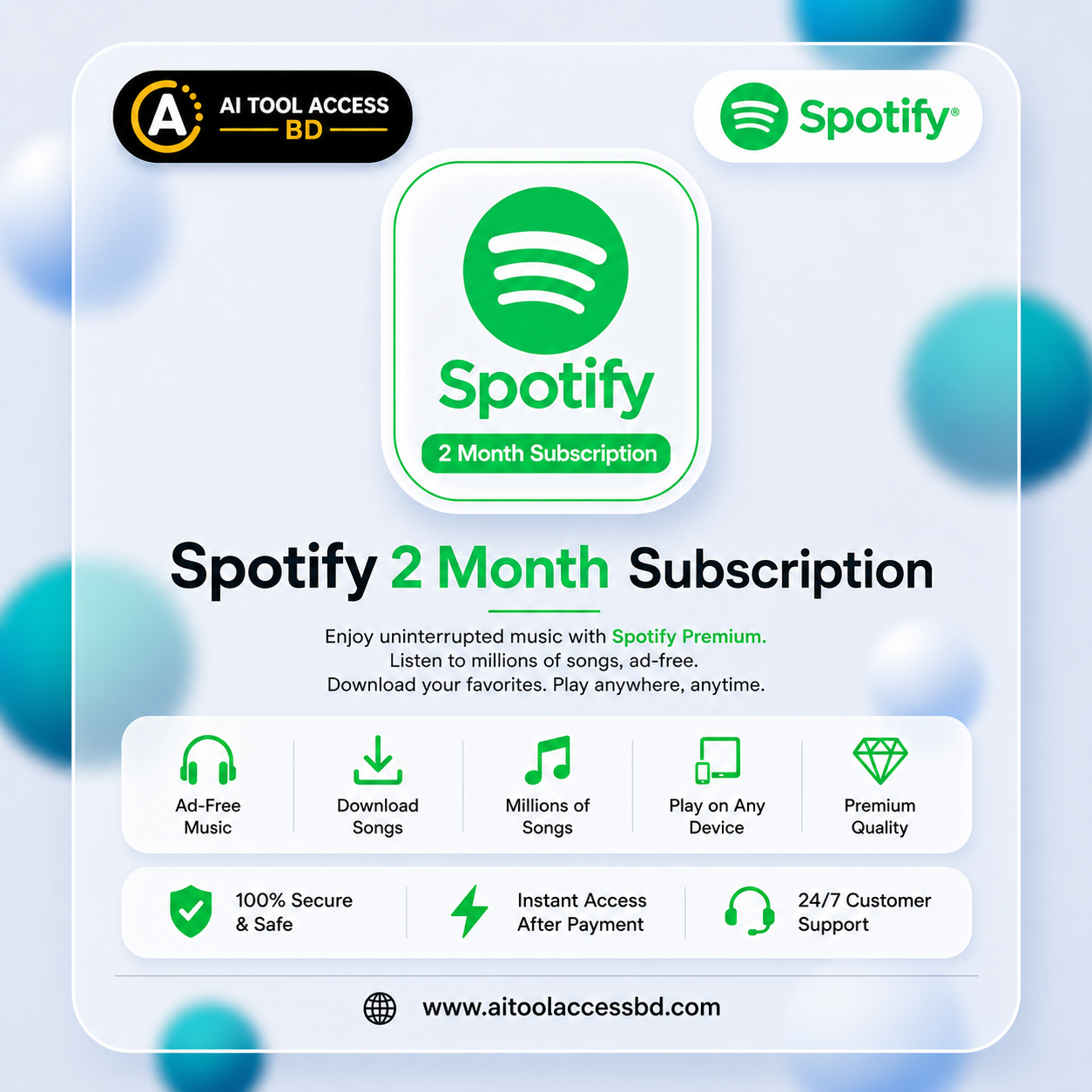 Spotify Premium 2 Month Subscription দিয়ে উপভোগ করুন ad-free music, offline download, premium audio quality এবং millions of songs যেকোনো সময়, যেকোনো ডিভাইসে।