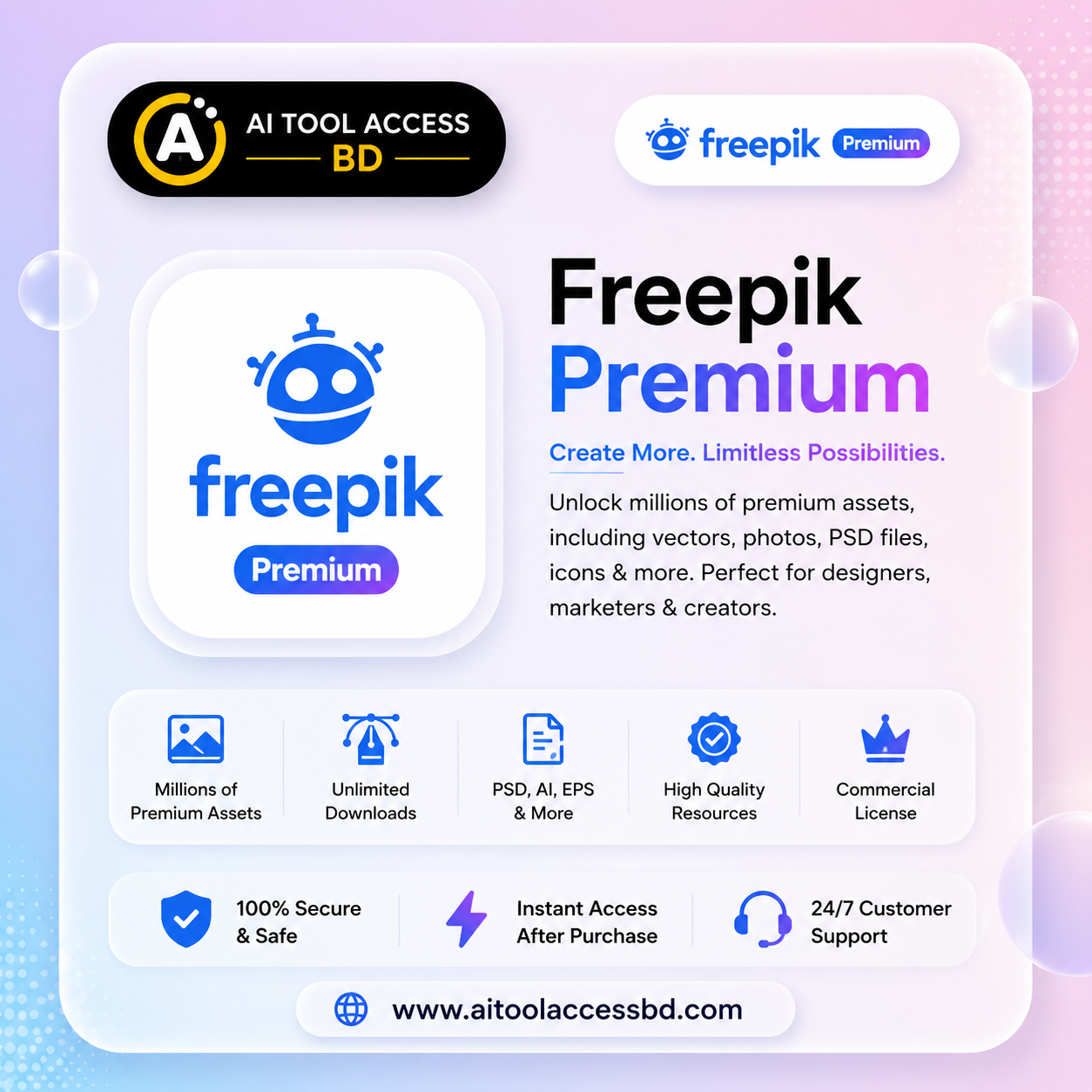 Freepik Premium হলো designers, marketers, content creators, freelancers এবং business ownersদের জন্য একটি premium design asset platform, যেখানে আপনি